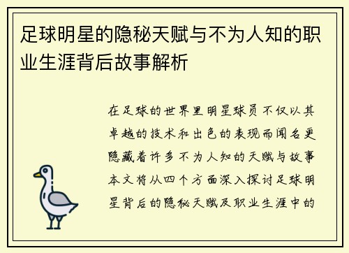足球明星的隐秘天赋与不为人知的职业生涯背后故事解析